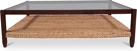Beth Coffee Table, Rectangular, Sungkai Wood, Water Hyacinth Shelf, Tempered Glass Top, Brown
