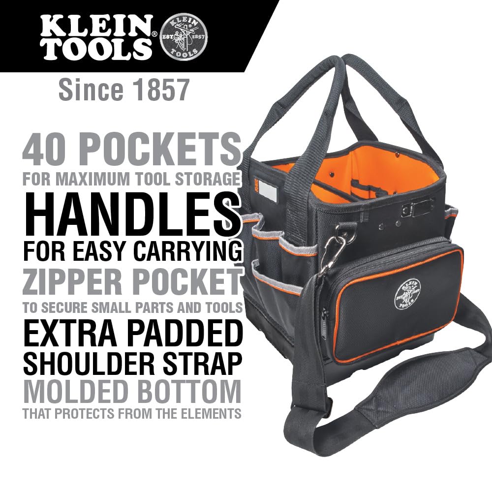 Tool Bag with Shoulder Strap Has 40 Pockets for Tool Storage and Orange Interior by KLEIN TOOLS – 10-Inch Tote, Fabric, Black/Orange, Model 5541610-14