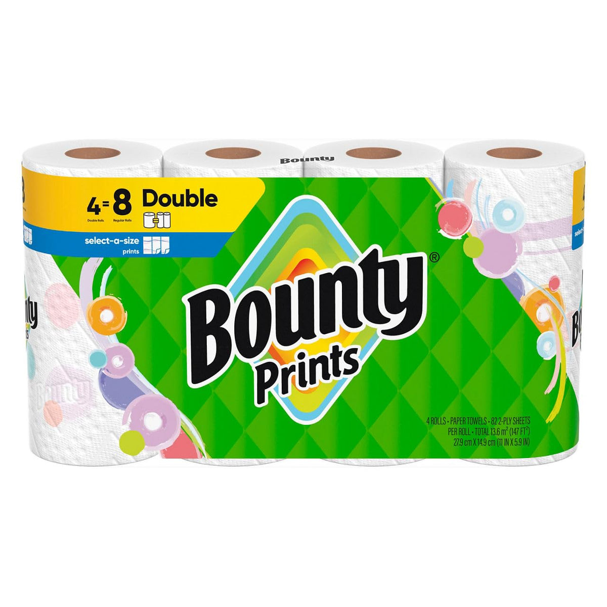 Paper Towels 4 Double Select-A-Size Printed Rolls, 4 Count by Bounty – Standard size sheets, 4.5 inch roll diameter, Paper, Pack of 4