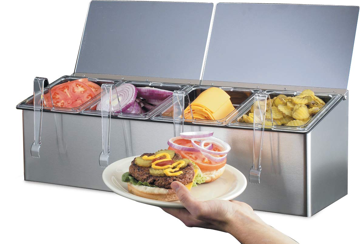 Ez-Chill Food Prep Center Self-Service with Hinged Lid for Bars by San Jamar – 4 Pans, 0.0 ounces, Stainless Steel, Stainless, Model FP8244FL