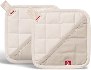hedley & bennett Pot Holders with Pocket, Set of 2, Oat White | Heat Resistant, 100% Cotton Outer and Lining, 100% Polyester Filling