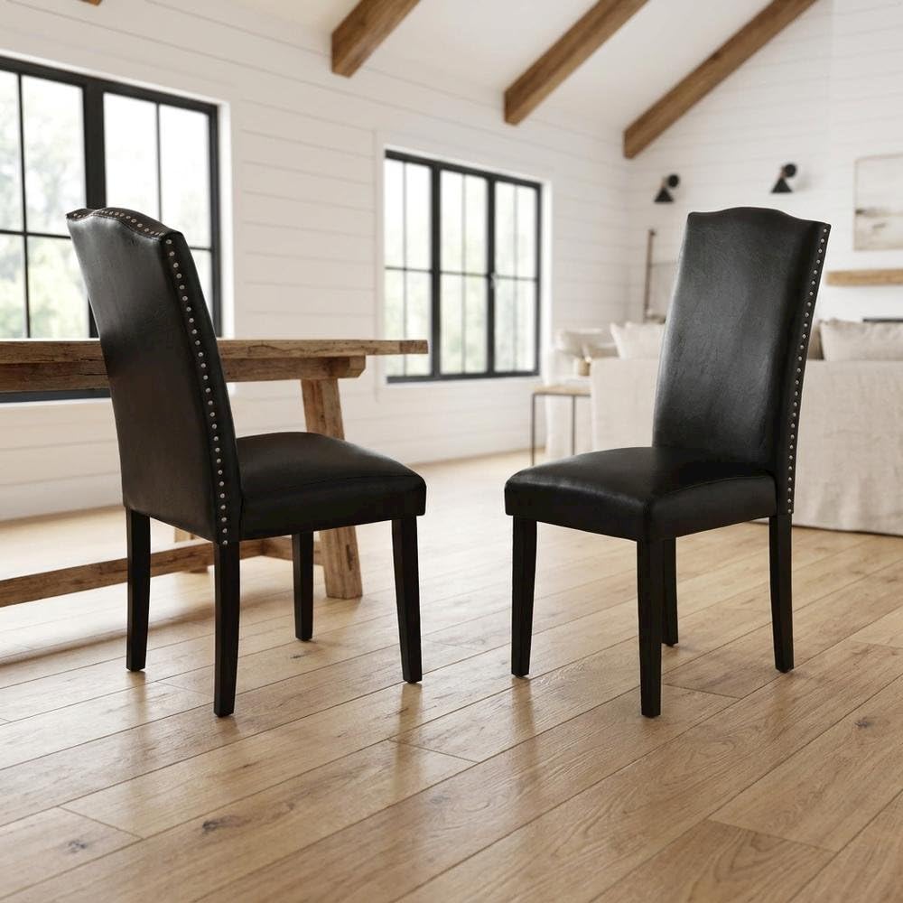 Faux Leather-Upholstered Parsons Dining Chairs with Nailhead Trim by Furnifact – Leather, Black, Pack of 2