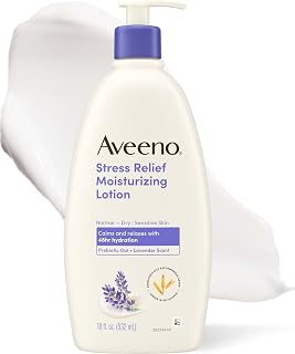 Aveeno Stress Relief Moisturizing Body Lotion, Lavender Scent with Prebiotic Oat for Sensitive Skin, Lightly Scented Lotion with 48-Hour Hydration, Fast Absorbing, Non-Greasy, 18 Fl Oz