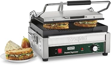 Waring Panini Press with 14.5" x 11" Cooking Surface & Ribbed Plates | Ribbed Cast Iron Plates, 14.5" x 11" Cooking Surface, 570°F Adjustable Thermostat, 208V