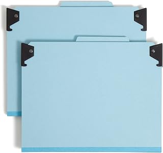 SMEAD FasTab Hanging Pressboard Classification Folder with SafeSHIELD Fasteners, 2 Dividers, 2/5-Cut Built-in Tab, Letter Size, Blue, 10 per Box (65115)