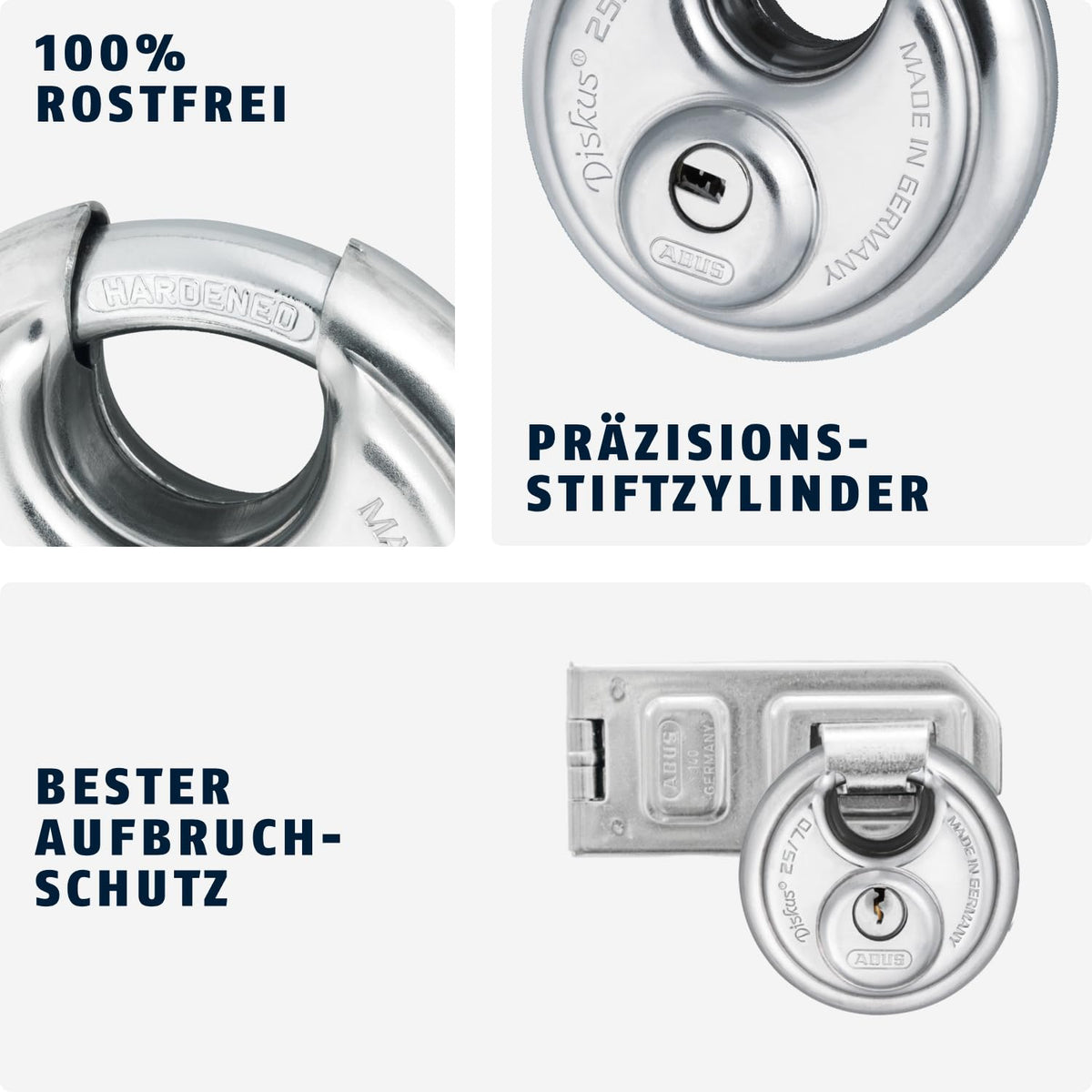 ZUB Diskus Vorhangschloss 25/ by ABUS – 90mm, Stainless Steel, Silver, Model 25/70_B