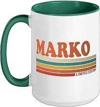 MARKO Personalized First Name Vintage Stripes Ceramic Mug, Dark Green/White, 15oz