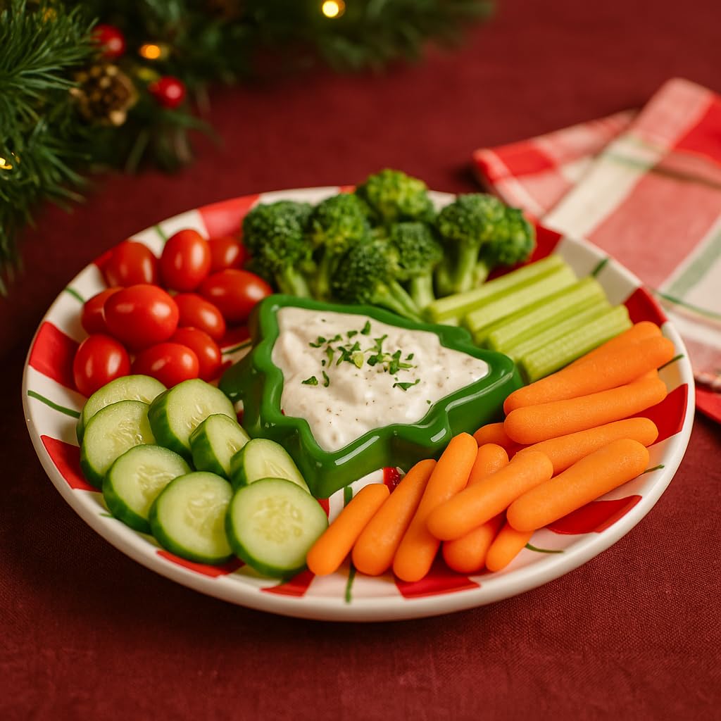 Peppermint Tree Chip & Dip Plate by 10 Strawberry Street – Large, Dolomite, Peppermint Red & Green, Model CDT-14-40-002-DS