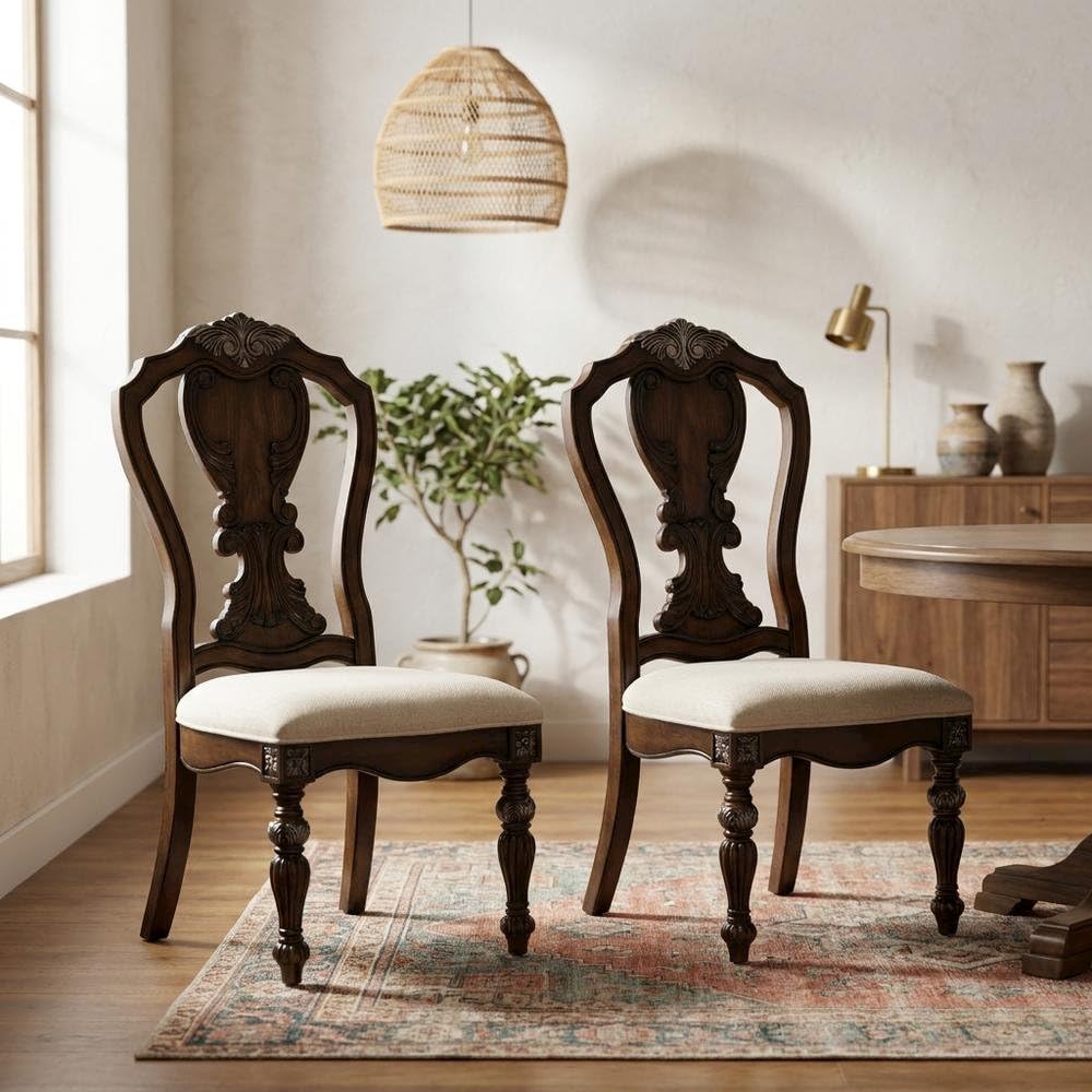 Dark Brown Upholstered Dining Side Chair Set of by Starlight Canyon Home – Solid Rubberwood, Oak Veneer, Engineered Wood, Fabric, Brown, Pack of 2