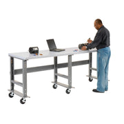 Mobile Adjustable Height Extra Long Industrial Workbench by Global Industrial – 30"L x 96"W x 4"H, Plastic, Gray, Model 601429A