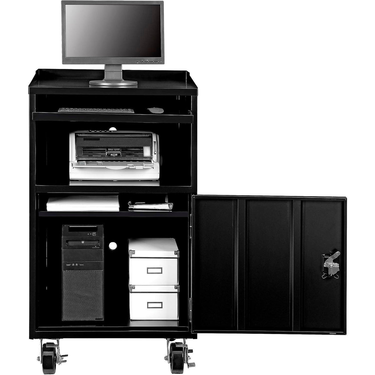 Mobile Computer Cabinet by Global Industrial – 27 inches (W) x 49.25 inches (H) x 24 inches (D), Alloy Steel, Black, Model 694561BKA