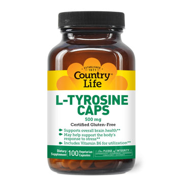 L-Tyrosine 500mg with Vitamin B6 Supplement - Certified Gluten-Free by Country Life – 100 Count (Pack of 1), Model 01456