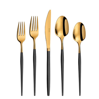 Soprano Flatware Set - Black & Gold by Amefa – 3.35" H x 9.84" L x 4.5" W, Stainless Steel, Black & Gold, Pack of 20, Model 1114DUMBUSC01