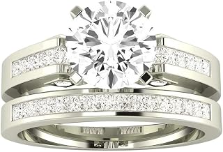2.32 Carat 14K White Gold Channel Princess Cut GIA Certified Round Cut Diamond Engagement Ring Bridal Set (1.82 Ct E Color SI1 Clarity Center Stone)