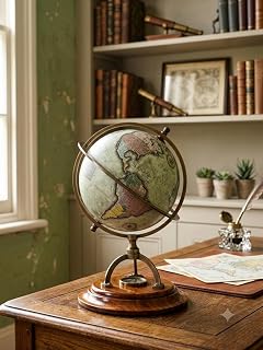 Handcrafted Vintage 6 Inch World Map Globe with Wooden Base & Built-In Compass | Antique Style Desktop Rotating Globe | 10 Inch Tall Educational Geographic Globe for Home Office Study Desk Gift