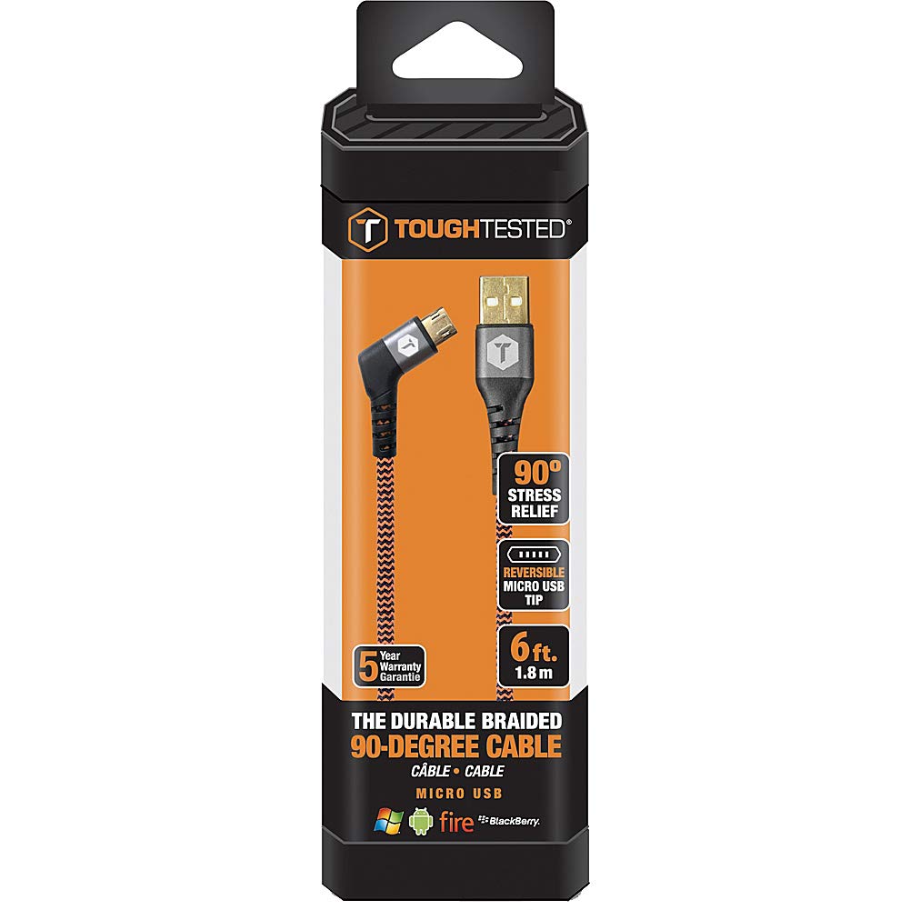 USB-A to Angled Micro-USB Charge & Sync Cable-6' (Black/Orange) by ToughTested – 6 feet, rubber, Orange, Model TTFC690DM