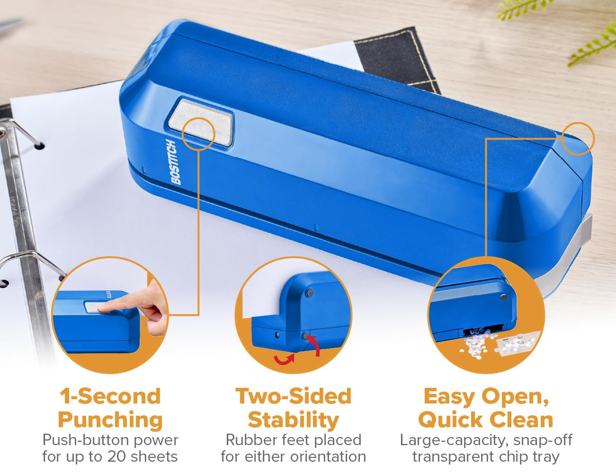 Office Electric 3-Hole Punch by Bostitch – High Carbon Steel, Blue, Model EHP20-BL