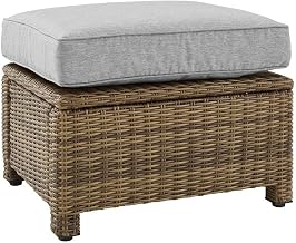 Brown Wicker Ottoman with Gray Cushion – Outdoor Foot Rest for Patio Seating Featuring Steel Frame and Weather-Resistant Woven Design