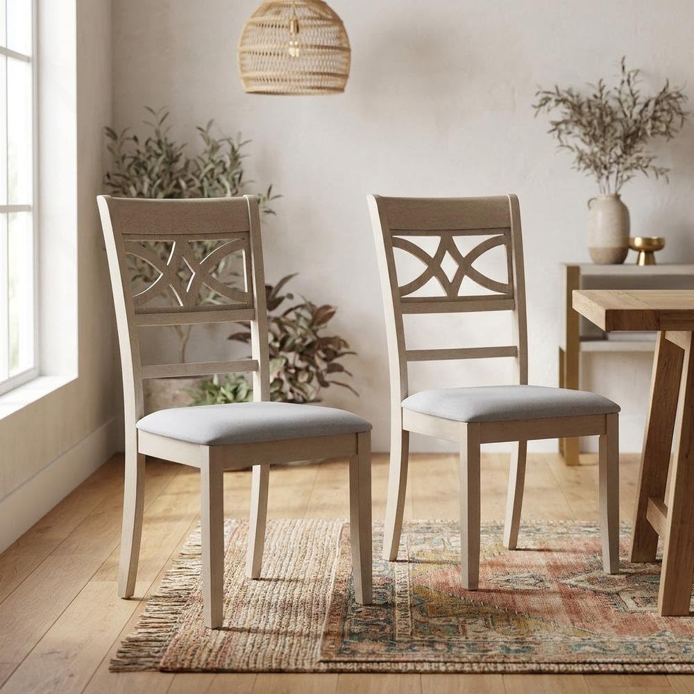 Linen-Upholstered Side Chair with Wood Frame by Furnifact – Wood, Beige; Antique Bone White, Pack of 2