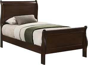 Furnifact Wooden Twin Sleigh Bed with Curved Headboard, Traditional Kids Twin Bed Frame with Headboard, Cappuccino