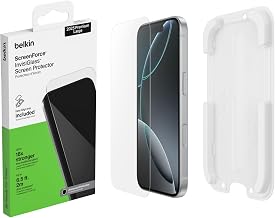 Belkin ScreenForce InvisiGlass Screen Protector for iPhone 17 Pro Max, Scratch-Resistant Impact Protection with Included Easy Align Tray for Bubble Free Application, Case-Friendly, Recycled glass
