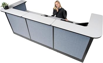 Global Industrial 124"W x 44"D x 46"H U-Shaped Electric Reception Station, Gray Counter/Blue Panel