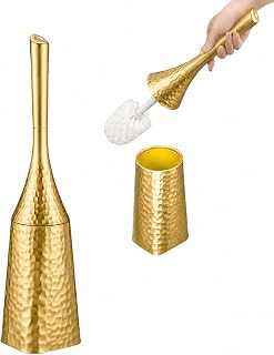 Hammered Gold Toilet Brush Holder – 16.7" Long Handle, Anti-Splash Base | ABS rust-proof, splash-free base. 360° deep clean, space-saving hideaway storage. Modern bathroom accessory