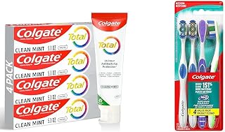 Colgate Total Clean Mint Toothpaste, 10 Benefits, No Trade-Offs, Freshens Breath, Whitens Teeth & 360 Whole Mouth Clean, Medium Toothbrush for Adults, 4 Pack, Packaging May Vary