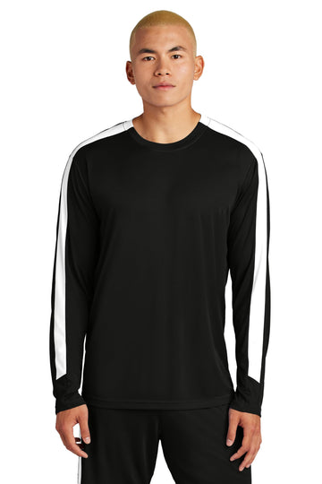 Competitor United Long Sleeve Crew | Gym T-Shirt for Men & Women by SPORT-TEK – Large, Black/ White, Model ST100LS