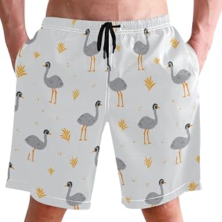 Pigsaly Mens Swim Trunks Grass Cute Grey Emus Beach Board Shorts with Pocket Swimwear Bathing Suit S