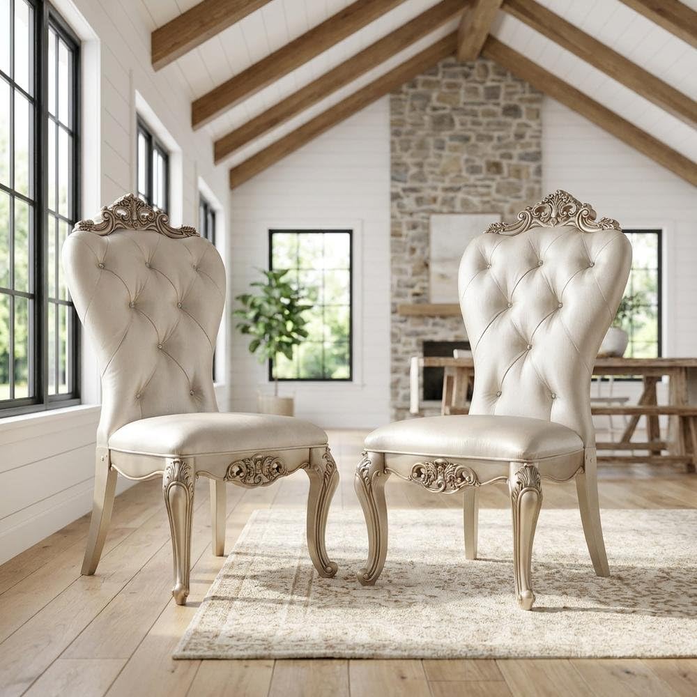 Fabric-Upholstered Side Chair with Wooden Legs by Furnifact – Wood, Cream Fabric, Golden Ivory, Pack of 2