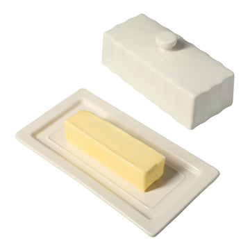 Martha Stewart Stoneware Butter Keeper with Lid, Rectangular Ceramic, Linen White