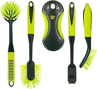 Pine-Sol Scrub Brush Set - Long Handle Cleaning Brushes with Heavy Duty Bristles and Comfort Grip - Scrubbers for Kitchen, Household, and Dishwashing, 5 Pieces