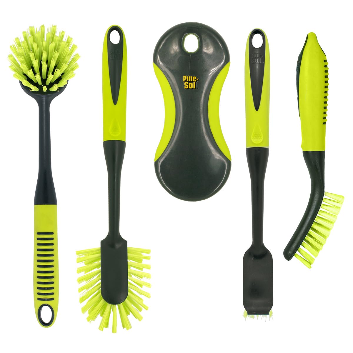 Scrub Brush Set - Long Handle Cleaning Brushes with Heavy Duty Bristles and Comfort Grip - Scrubbers for Kitchen by Pine-Sol – 5 Piece Set, Nylon, Green, Model Pine-Sol