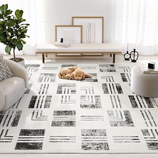 Abani Nomad Cream & Grey Area Rug 2' x 3' for Living Room, Bedroom - Checkered Border Design - Durable & Easy to Clean