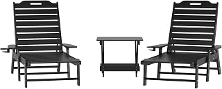 Flash Furniture 3-Piece HDPE Adirondack Set, Black | 2 Adjustable Loungers, Cup Holders, Folding Side Table, All-Weather