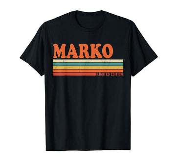 Marko Personalized First Name Vintage Stripes T-Shirt by Retro Personalized Name Gifts – Black, Model C19SRX7ZB0G