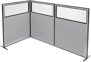 Global Industrial 48-1/4"W x 60" H Freestanding 3-Panel Corner Room Divider with Partial Window, Gray