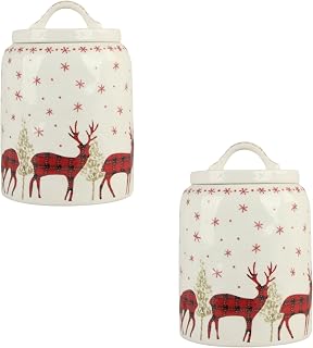 10 Strawberry Street Plaid Reindeer Christmas Canister, Set of 2