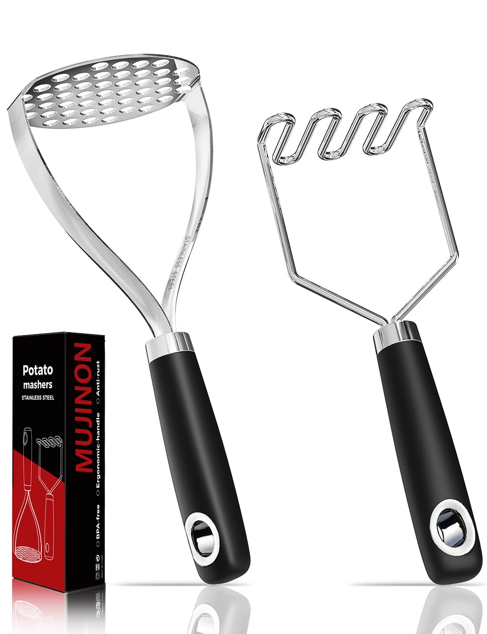 Mujinon Stainless Steel Potato Masher Set, 10.3 Inch, Black, Pack of 2