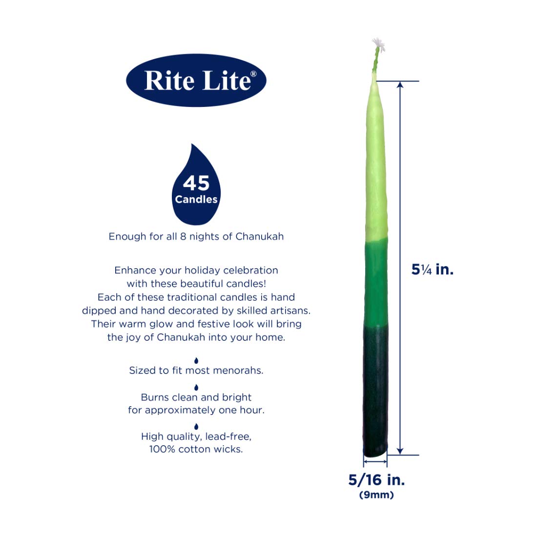Rite Lite Chanukah Candles, Hand Dipped Rainbow, Box of 45