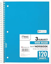 Mead Spiral Notebook, 3 Subject, Wide Ruled Paper, 7-1/2" x 10-1/2", 120 Sheets, Color Will Vary (930206-25)