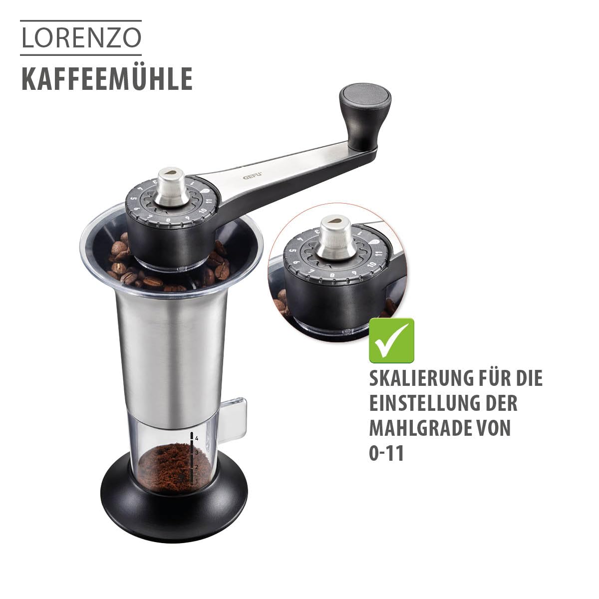 Handheld Coffee Grinder with Adjustable Ceramic Grinding Gear by GEFU – 14 x 5 x 5 cm, 4 cups, Stainless Steel, Black, Model 16330