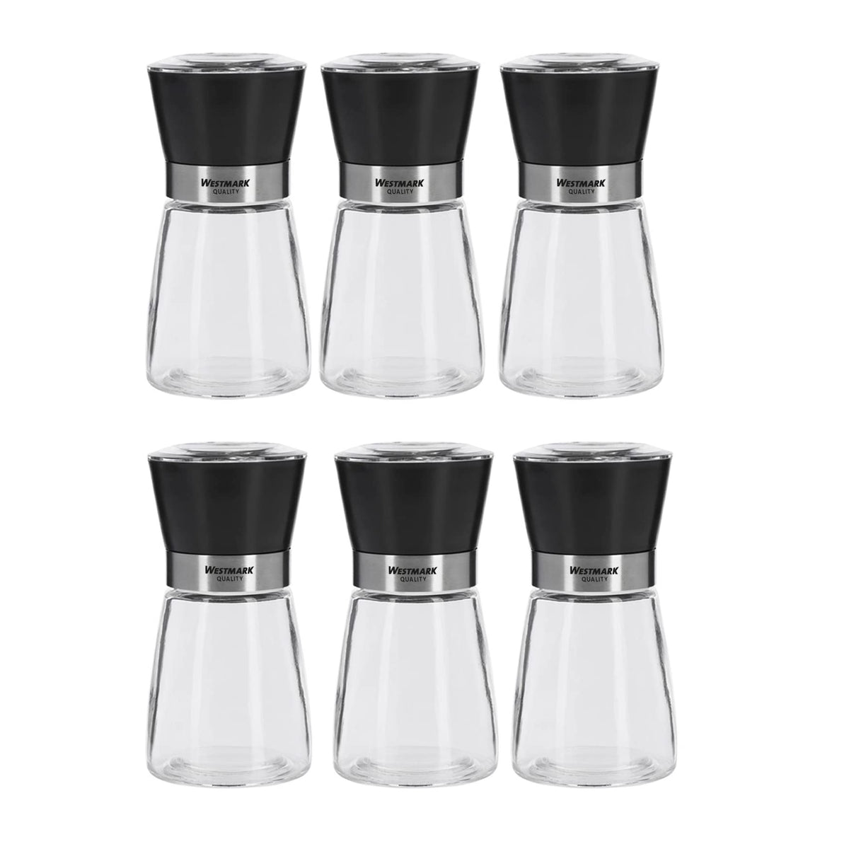 Spice Mill Display with Ceramic Grinder Glass/Ceramic/Plastic Transparent/Black/Silver by Westmark – 6 Stück, 190 milliliters, Glass, stainless steel, ABS, PE, PP, PS, ceramic