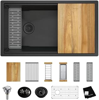 Elkay ELXRU13322W Quartz Luxe 33" Undermount Single Basin Quartz Composite Workstation Kitchen Sink with Basin Rack, Colander and Cutting Board - Caviar