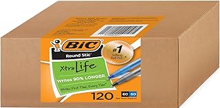 BIC Round Stic Xtra Life Pens, 1mm, 60 Black & 60 Blue Pens, Pack of 120