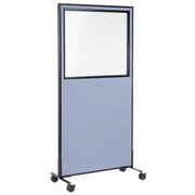 36-1/4"W x 75" H Mobile Office Partition Panel with Partial Window by Global Industrial – Alloy Steel, Blue, Model 694981MBL