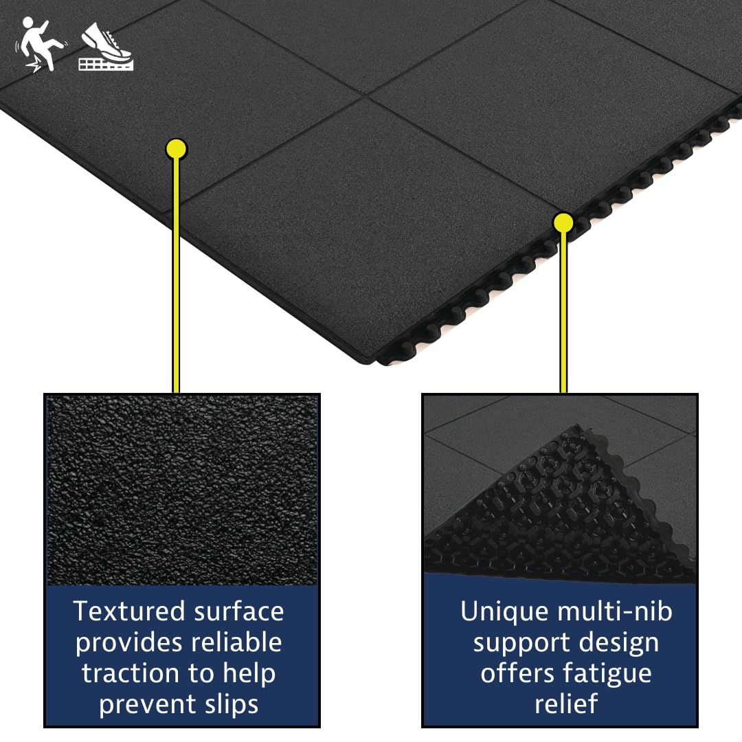 Industrial Anti Fatigue Mat Interlocking Floor Tiles - Black 3'x3' Modular Standing Pad Puzzle Mats Designed for Custom Stress Mats for Standing at Work - 1 Tile - Natural Rubber