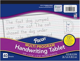Pacon Long Ruled Handwriting Tablet, 8" x 10.5", 40 Sheets/Each, 24 Tablets | Multi-Program, D'Nealian Grade K, Zaner-Bloser Grade 1, 5/8" Ruling, 5/16" Dotted Midline, 5/16" Descender Space, PAC2480