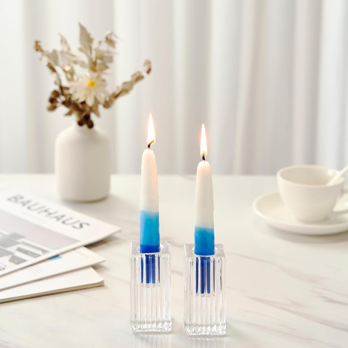 Rite Lite Shabbat Candles, Premium Hand Dipped Wax, Blue and White Tricolor 12 Pack